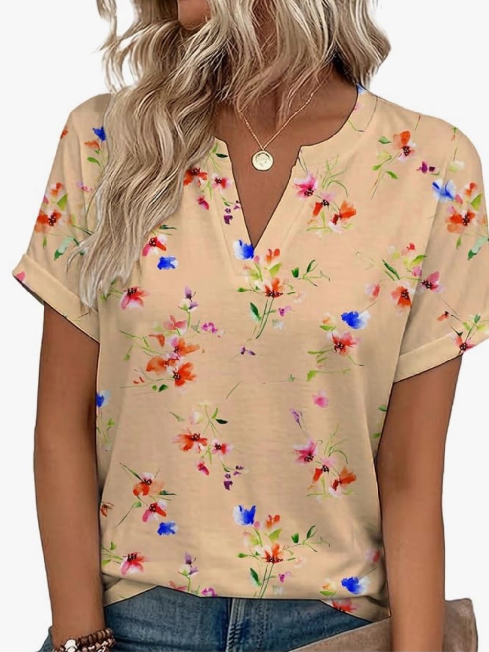 Amazon Essentials Beige Floral Split-Neck Short Sleeve Top
